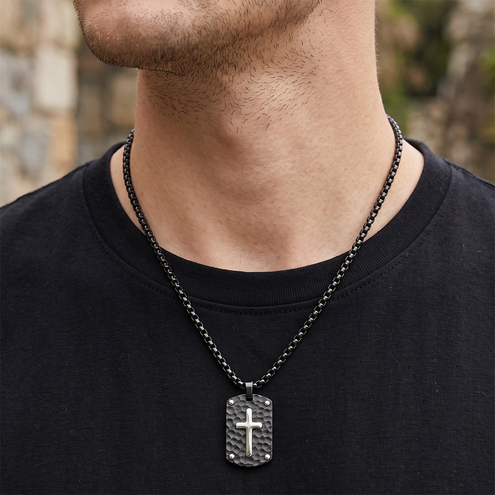316 Stainless Steel Hammered Textured Black Dog Tag Necklace, Two-Tone Silver Inlaid Cross Pendant with Rivet Details, Black Box Chain for Men