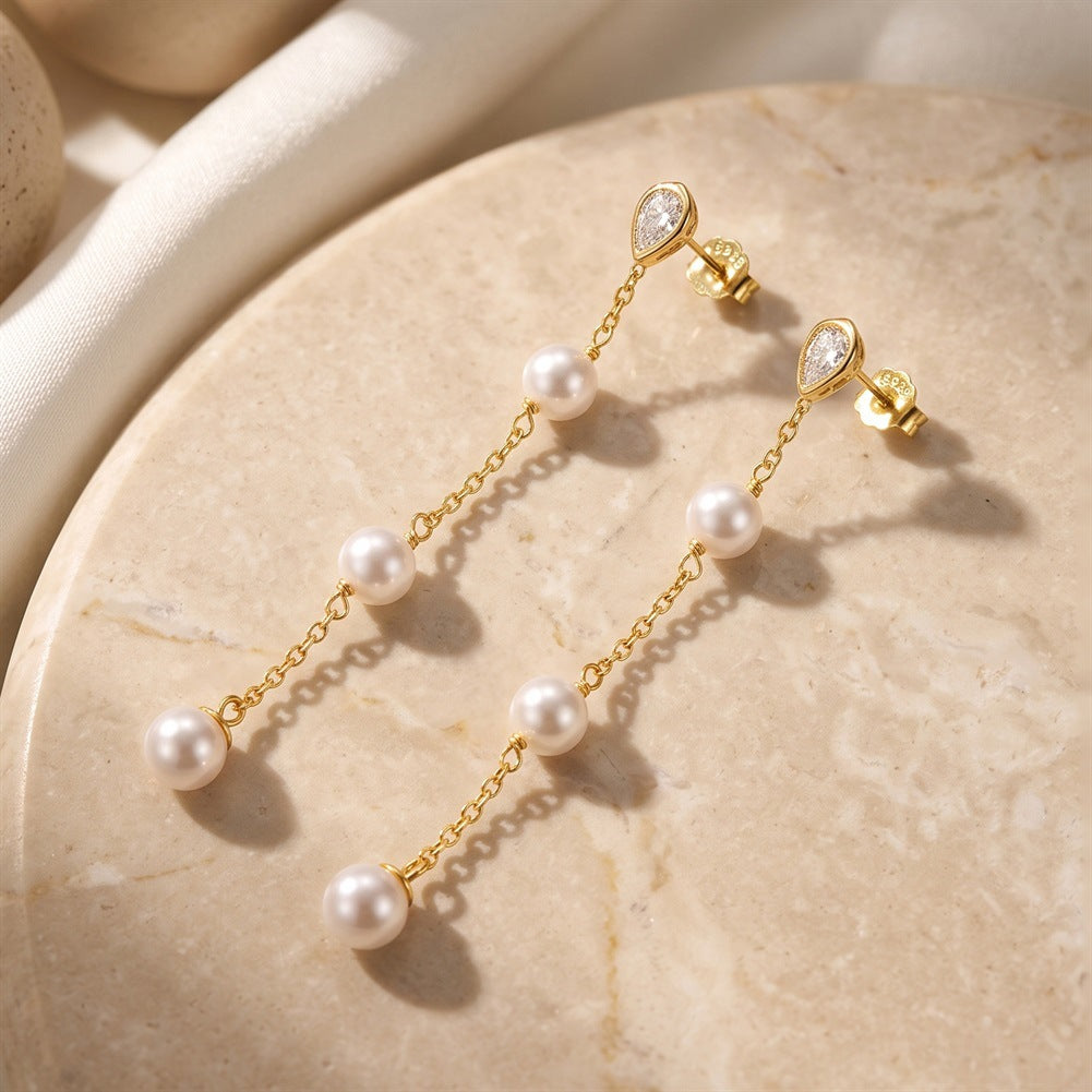 S925 Sterling Silver Long Chain Pearl Drop Earrings, Three Uniform Round Pearls with Delicate Soft Luster Suspended Below Teardrop Cut Zircon