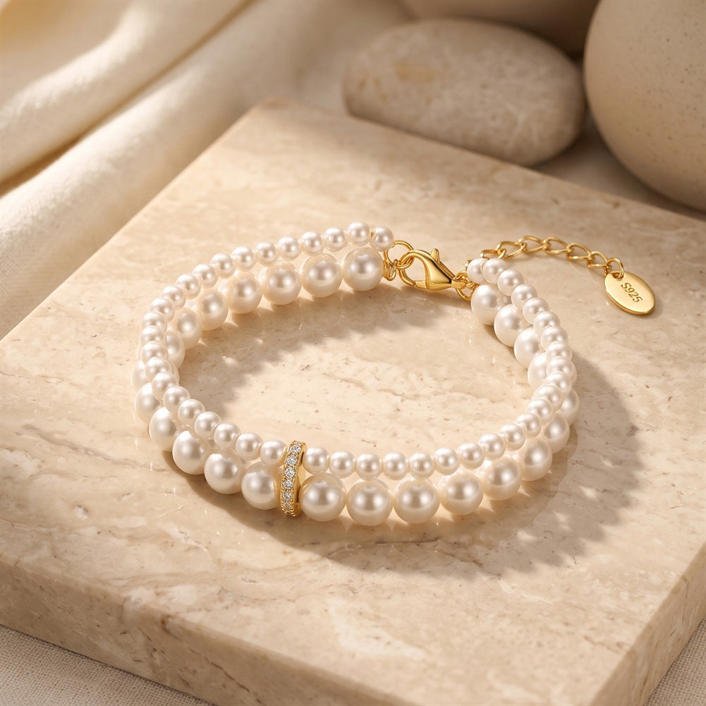 S925 Sterling Silver Multi-Layer Grey Pearl Bracelet, Graduated Round Grey Pearls with Silky Gray Shimmer Accented with Sparkling Zircon