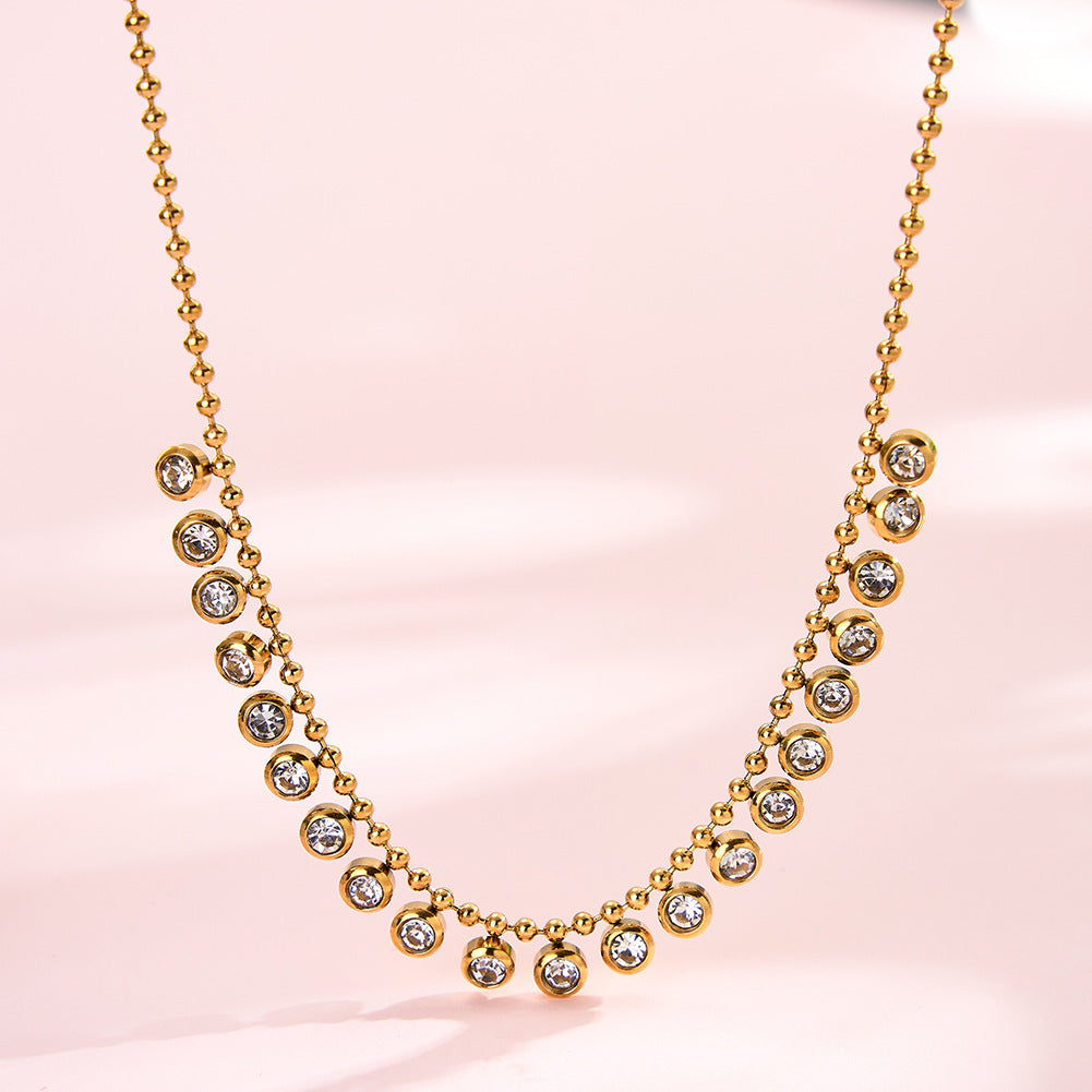 Stainless Steel Beaded CZ Station Necklace, Graduated Round Bezel Set Clear Cubic Zirconia on Fine Ball Chain, Sparkling Curved Choker