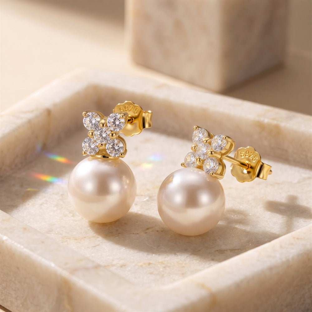 S925 Sterling Silver Four CZ Flower Pearl Stud Earrings, Large Round Pearl with Bright Glossy Iridescent Luster