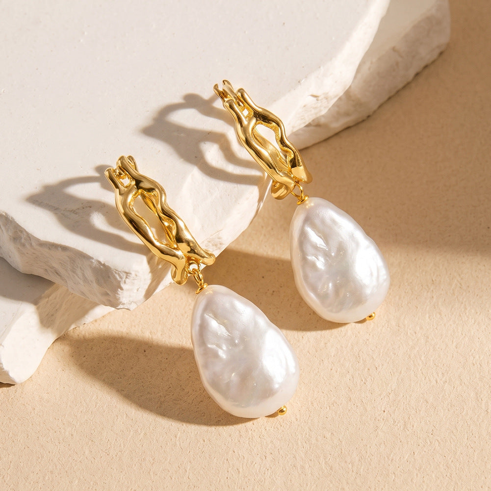 S925 Sterling Silver Wavy Open Hoop Baroque Pearl Earrings, Teardrop Baroque Pearl with Shimmering Iridescent Surface