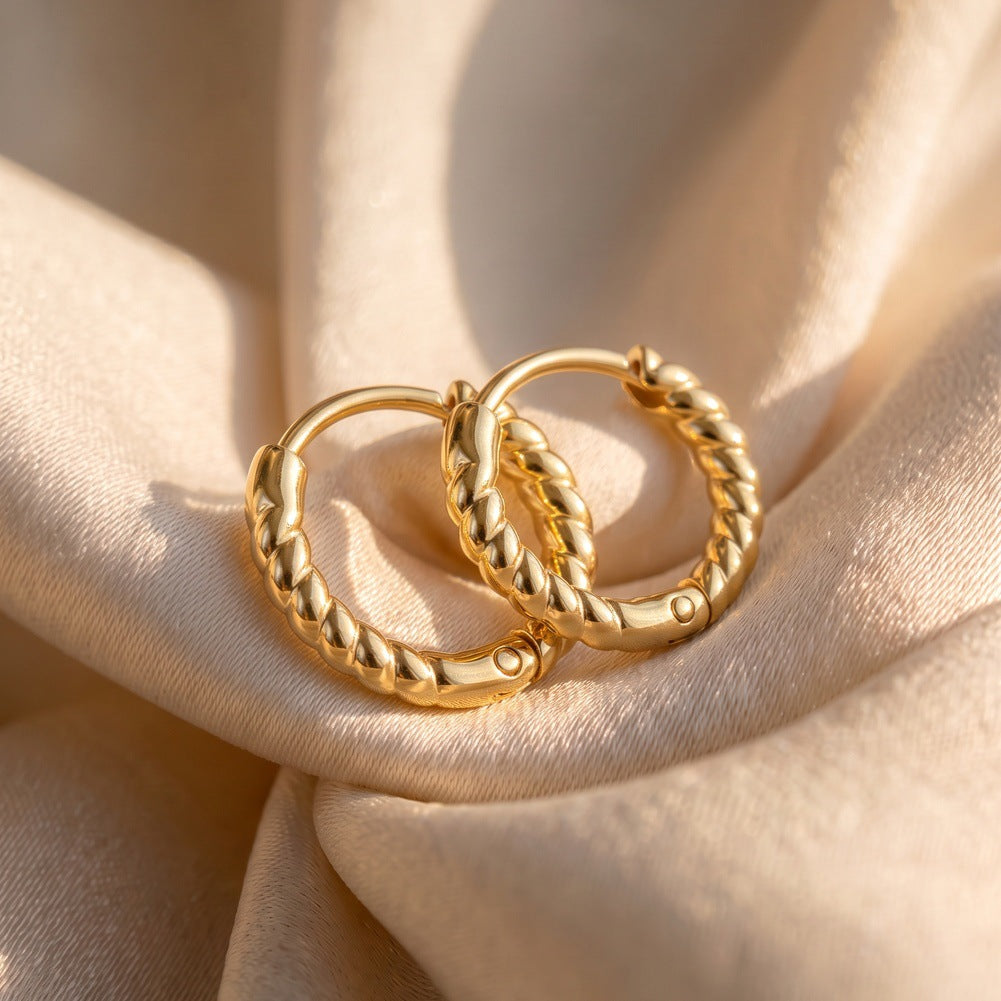 316 Stainless Steel Twisted Rope Texture Huggie Hoop Earrings, Thick Round Twisted Design, Polished Shiny Silver Surface, Snap Hinged Closure, Dainty Stackable Minimalist Hoop Earrings