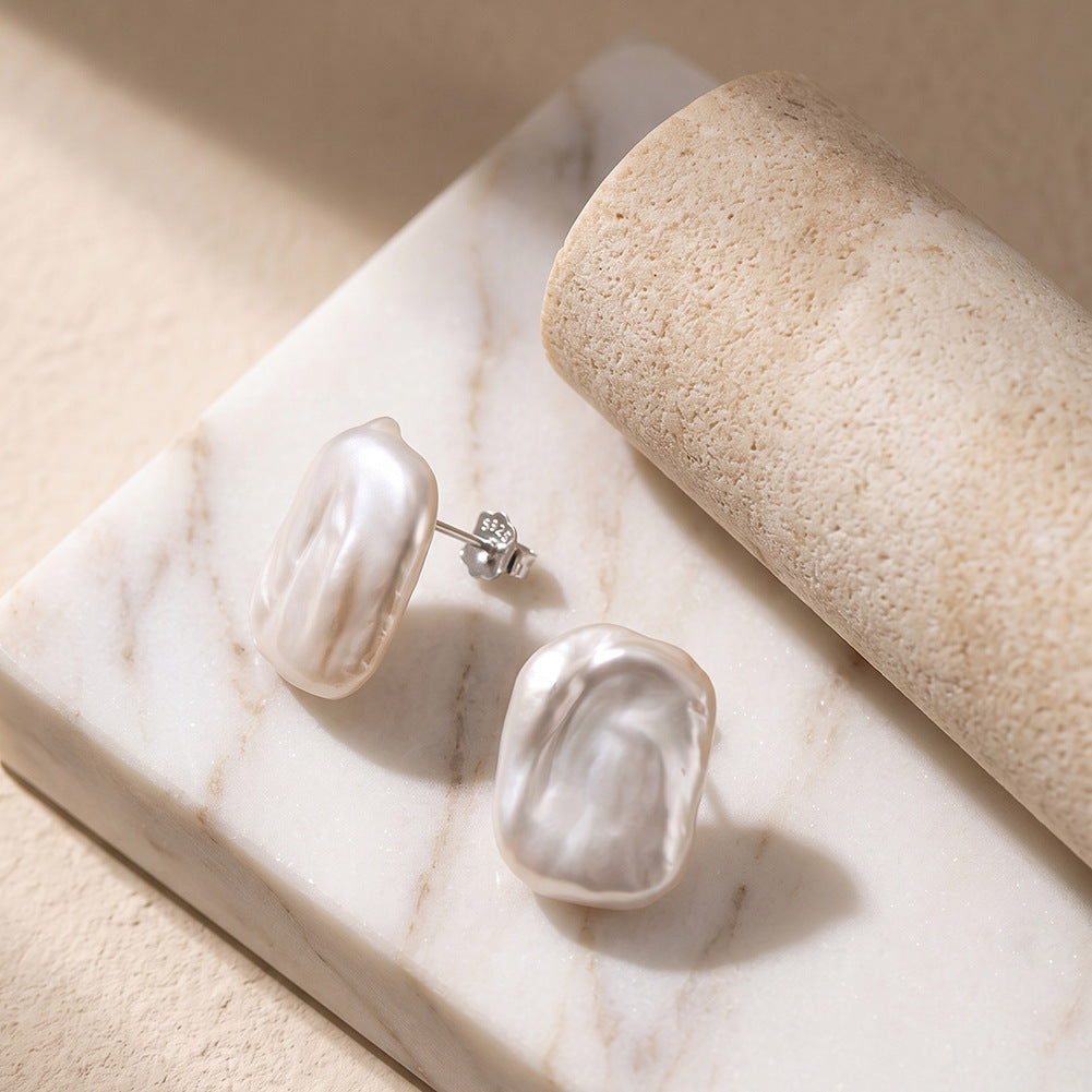 S925 Sterling Silver Rectangle Baroque Pearl Stud Earrings, Chunky Irregular Rectangle Baroque Pearl with Shimmering Natural Orient
