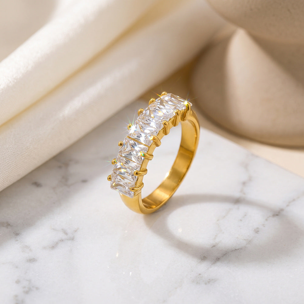Stainless Steel Rectangle Emerald Cut CZ Five Stone Eternity Band Ring
