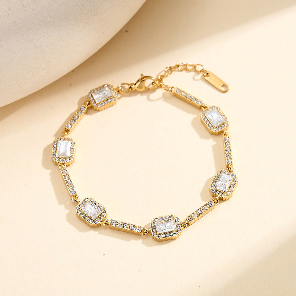 Stainless Steel Emerald Cut CZ Halo Station Bracelet, Rectangular Baguette Halo Zirconia Chain Bracelet