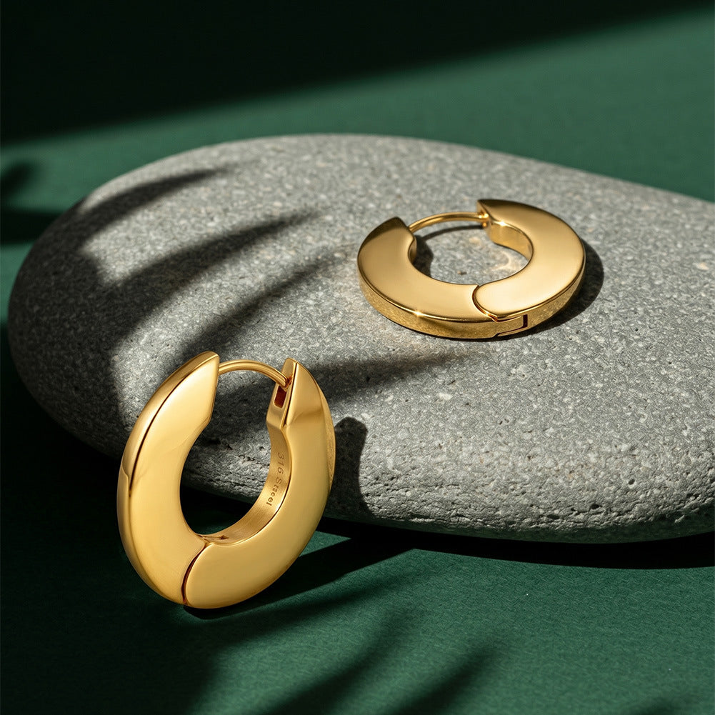 316 Stainless Steel Wide Flat Chunky Huggie Hoop Earrings, Thick Curved Band, Highly Polished Mirror Surface, Hinged Snap Lock, Bold Minimalist C-shaped Hoop Earrings