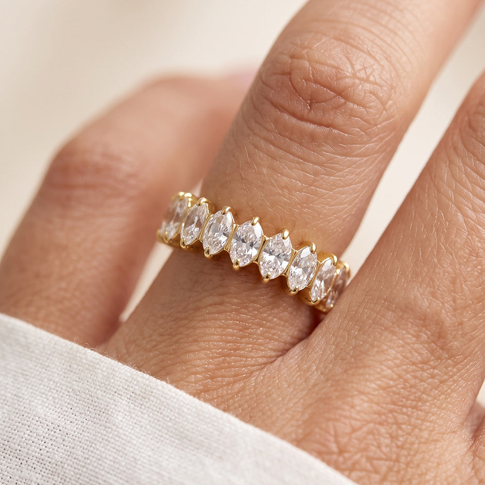 316 Stainless Steel Full Eternity Band Ring, Prong Set Oval Cut Cubic Zirconia All Around, Smooth Polished Surface, Hollow Inner Design, Glamour Stackable Statement Ring for Women