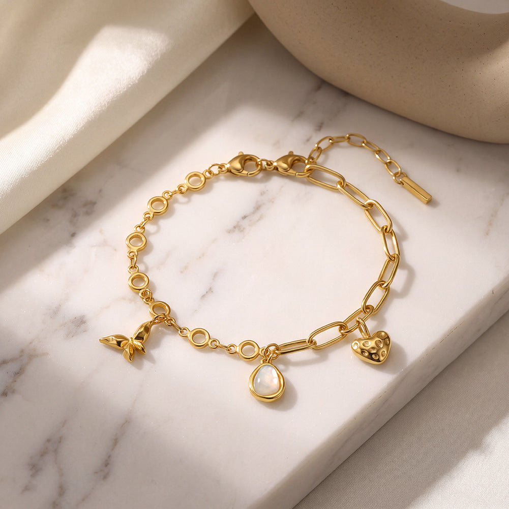14K Gold Plated Stainless Steel Mixed Link Bracelet with Baroque Pearl, Butterfly and Hammered Heart Charms
