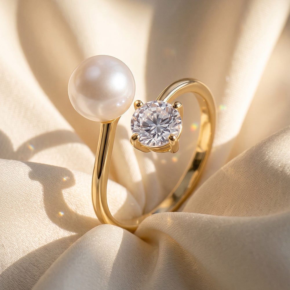 S925 Sterling Silver Open Cuff Ring, Big Smooth Round Pearl with Gentle Silky Luster and Single Brilliant Round Cut Zircon Accent