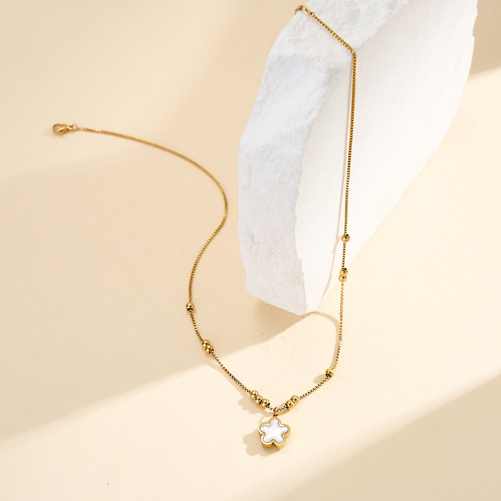 Stainless Steel Flower Mother of Pearl Box Chain Necklace, Five-Petal Flower Pendant with Shimmering Iridescent Mother of Pearl Inlay