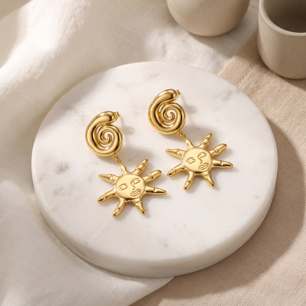 Stainless Steel Gold Plated Spiral Sun Face Dangle Drop Earrings