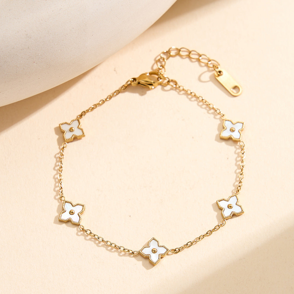 Stainless Steel Four Leaf Clover Bracelet, Iridescent Mother of Pearl Inlay Clover Station Dainty Chain Bracelet
