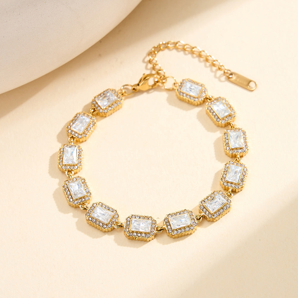 Stainless Steel Rectangle CZ Halo Link Bracelet, Emerald Cut Clear Cubic Zirconia Station Adjustable Bracelet