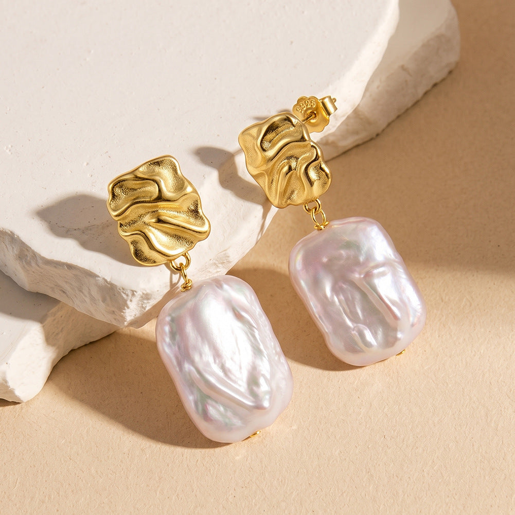 S925 Sterling Silver Textured Square Baroque Pearl Earrings, Large Rectangular Baroque Pearl with Vibrant Rainbow Luster
