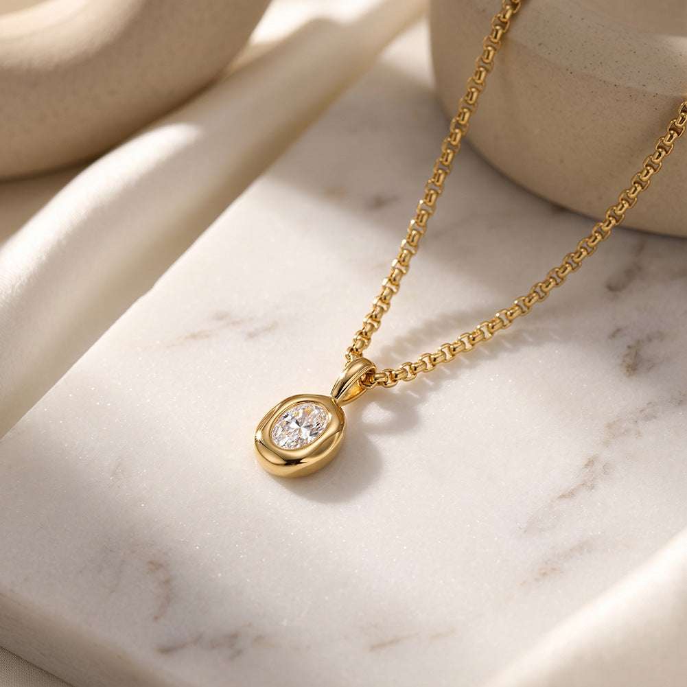 Stainless Steel Oval Cubic Zirconia Pendant Necklace, Shining Oval Cut CZ Stone Bezel Set in Polished Smooth Silver Bezel