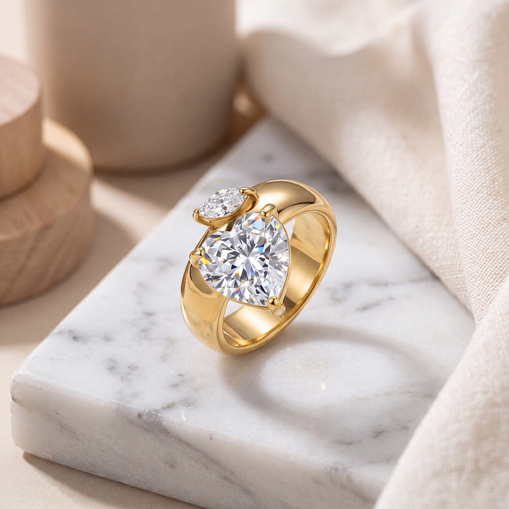 Stainless Steel Gold Plated Chunky Band Ring with Large Heart CZ and Marquise CZ