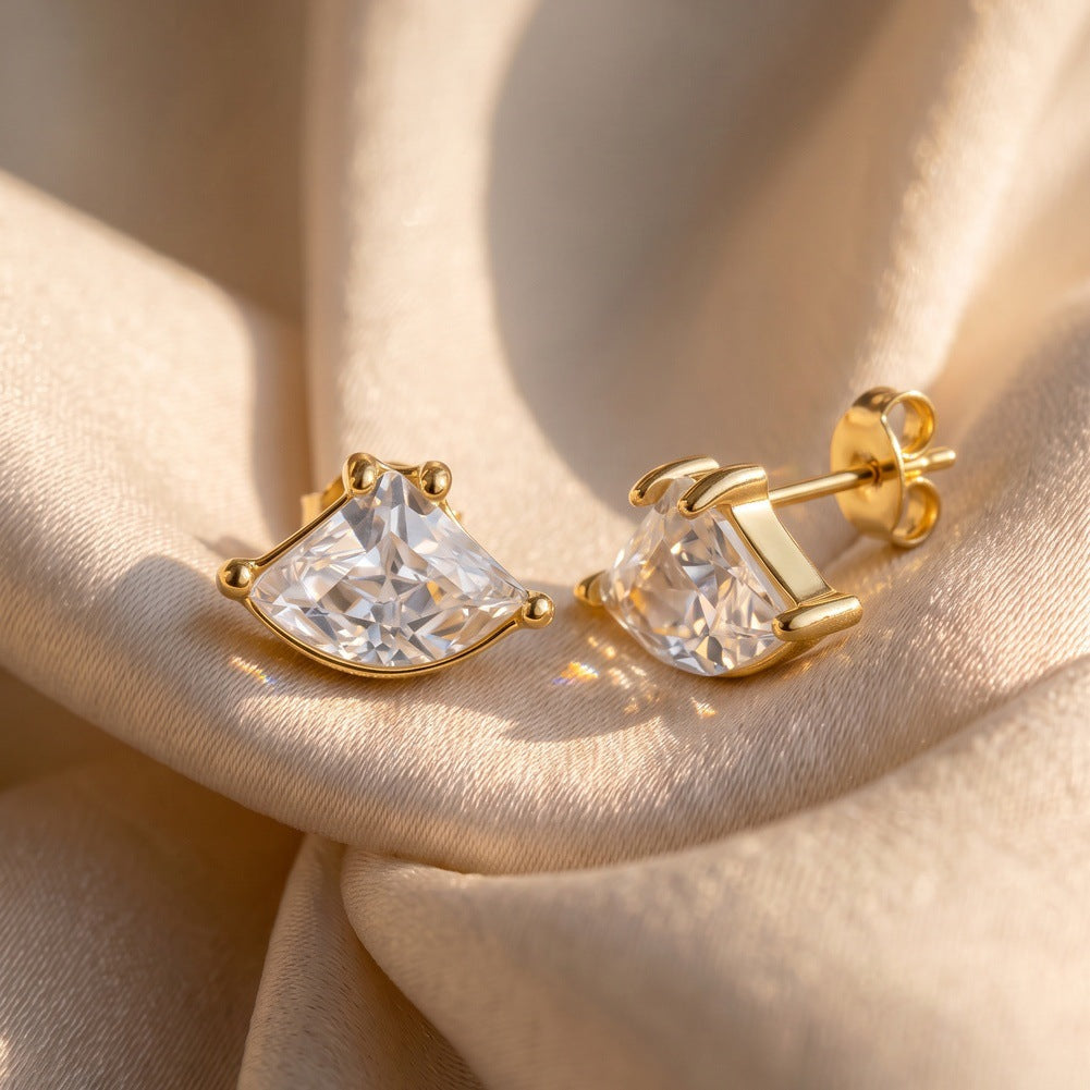 316 Stainless Steel Fan Shaped Cubic Zirconia Stud Earrings, Three Prong Setting, Large Brilliant Cut CZ Stone, Glossy Polished Surface, Classic Butterfly Clasp Backs, Elegant Statement Stud Earrings