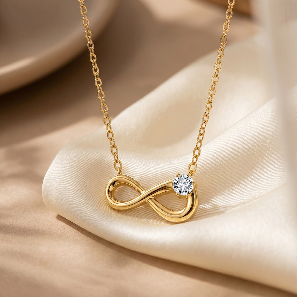316 Stainless Steel Smooth Polished Infinity Pendant Necklace, Single Round Brilliant CZ Stone Setting, Minimalist Sleek Cable Chain