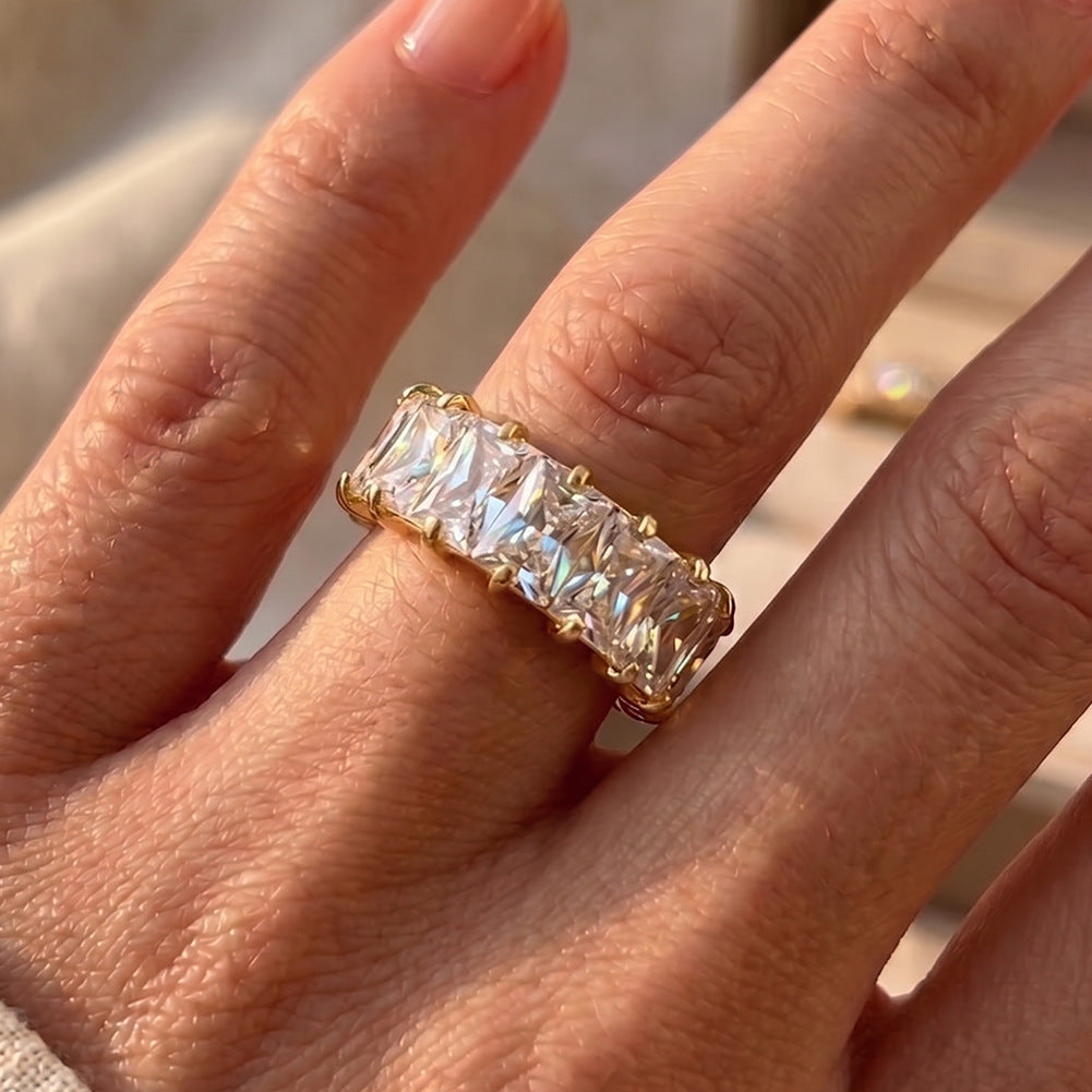 316 Stainless Steel Full Eternity Band Ring, Prong Set Rectangular Emerald Cut Cubic Zirconia All Around, Polished Shiny Finish, Stackable Sparkling Wedding Band for Women