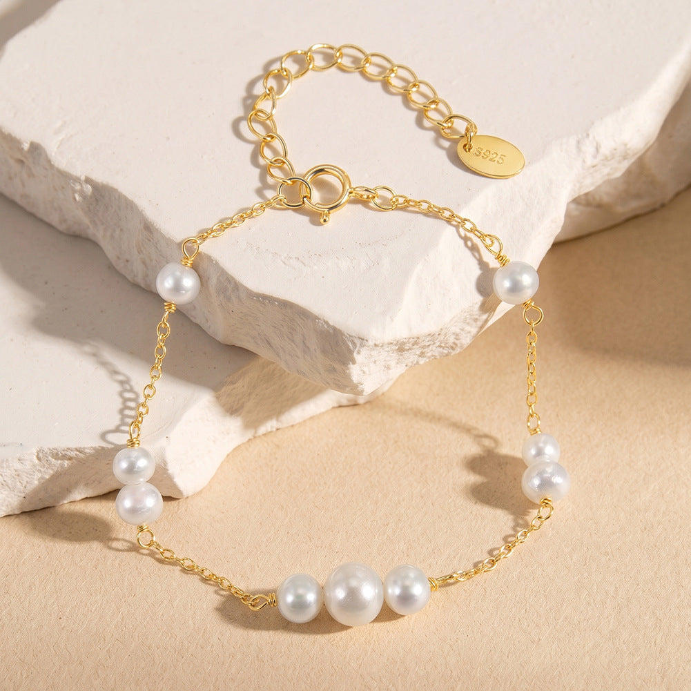 S925 Sterling Silver Delicate Station Pearl Bracelet, Graduated White Freshwater Pearls with Soft Subtle Natural Luster