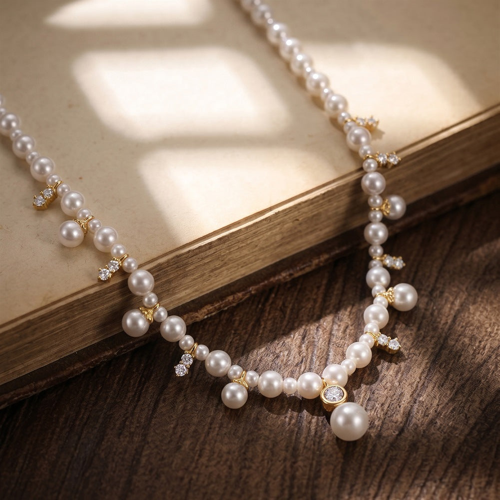 S925 Sterling Silver Graduated Grey Pearl Choker Necklace, Multi-Size Round Grey Pearls with Subtle Shimmer Accented with Tiny Sparkling Zircon