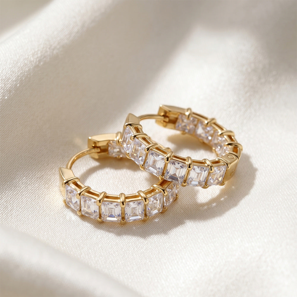 316 Stainless Steel Square Cut CZ Paved Huggie Hoop Earrings, Full Outer Row of Princess Cut Cubic Zirconia, Open Hollow Frame Structure, Hinged Snap Closure, Luxe Sparkling Stackable Hoop Earrings