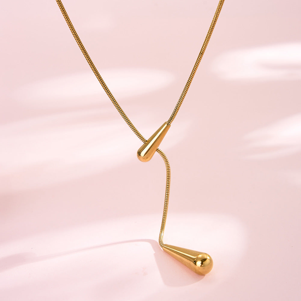Stainless Steel Sliding Teardrop Lariat Necklace, Adjustable Y-Style Lariat with Two Glossy Teardrop Charms on Slim Snake Chain
