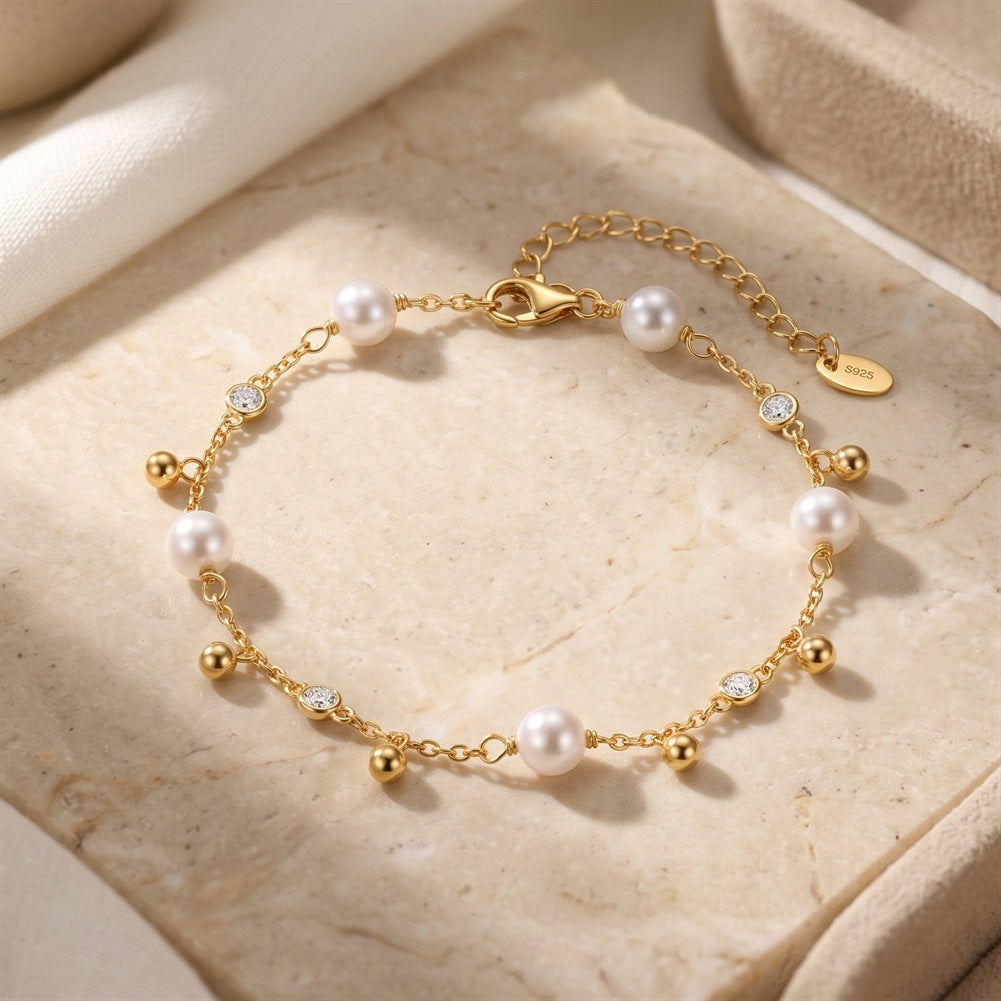 S925 Sterling Silver Dainty Pearl Bracelet, Creamy Round Pearls with Gentle Iridescent Luster, Tiny Zircon and Silver Ball Charms