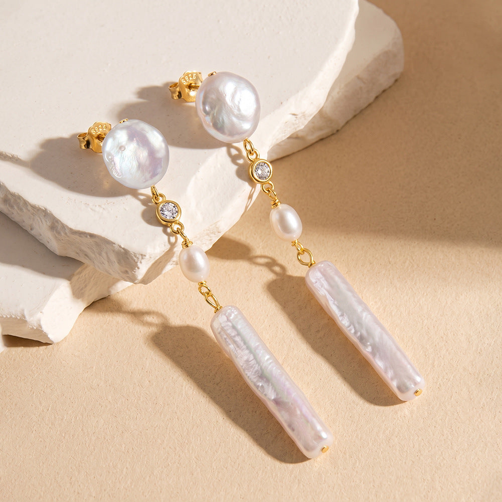 S925 Sterling Silver Multi-Shape Baroque Pearl Long Drop Earrings, Coin Pearl, Rice Pearl and Biwa Stick Pearl with Iridescent Luster