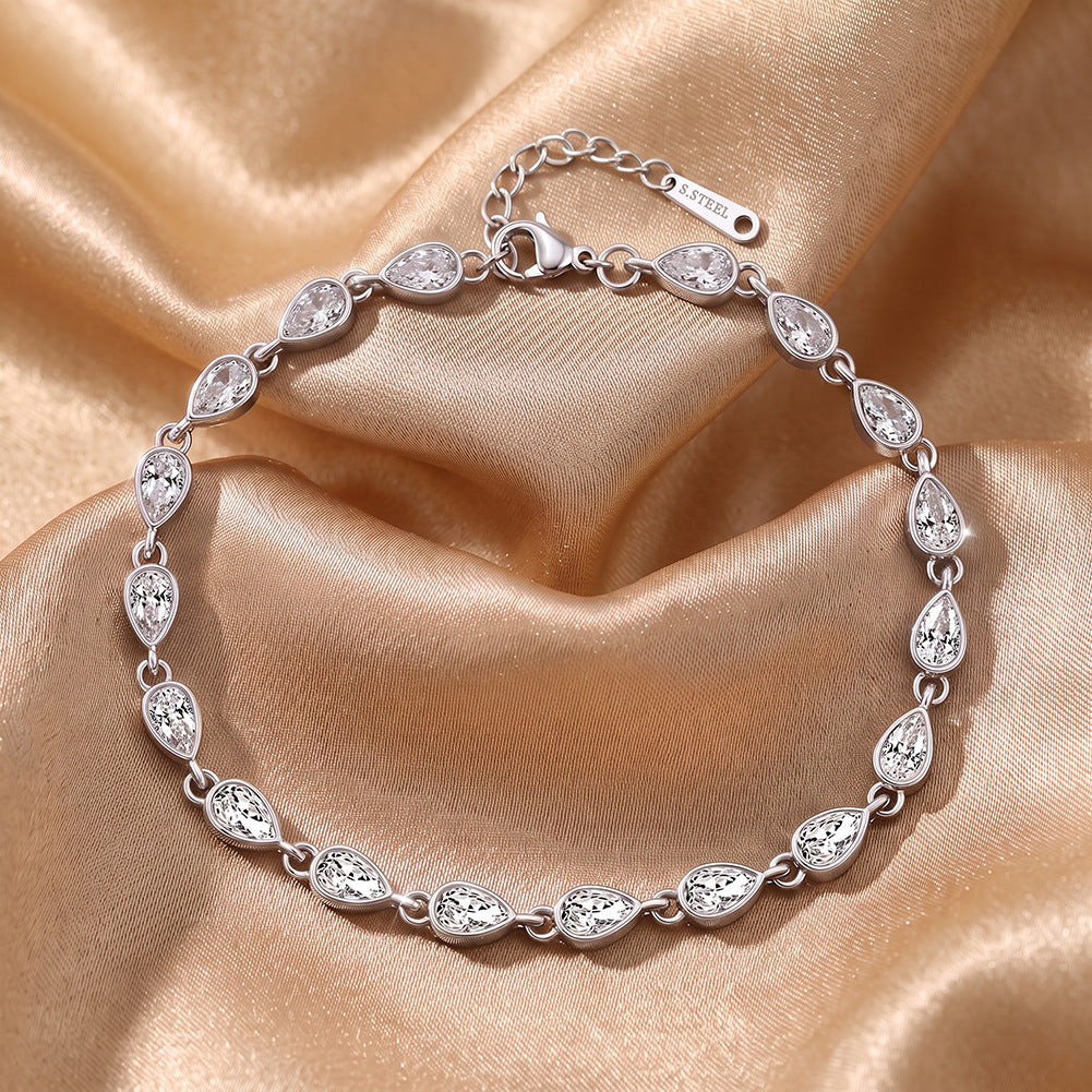 Stainless Steel Teardrop CZ Tennis Bracelet, Bezel Set Clear Teardrop Cubic Zirconia Linked Bracelet
