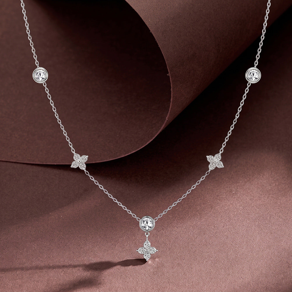 Stainless Steel Four Leaf Clover Station Necklace, Three Paved CZ Clover Charms and Round Bezel Set CZ Stations on Delicate Cable Chain