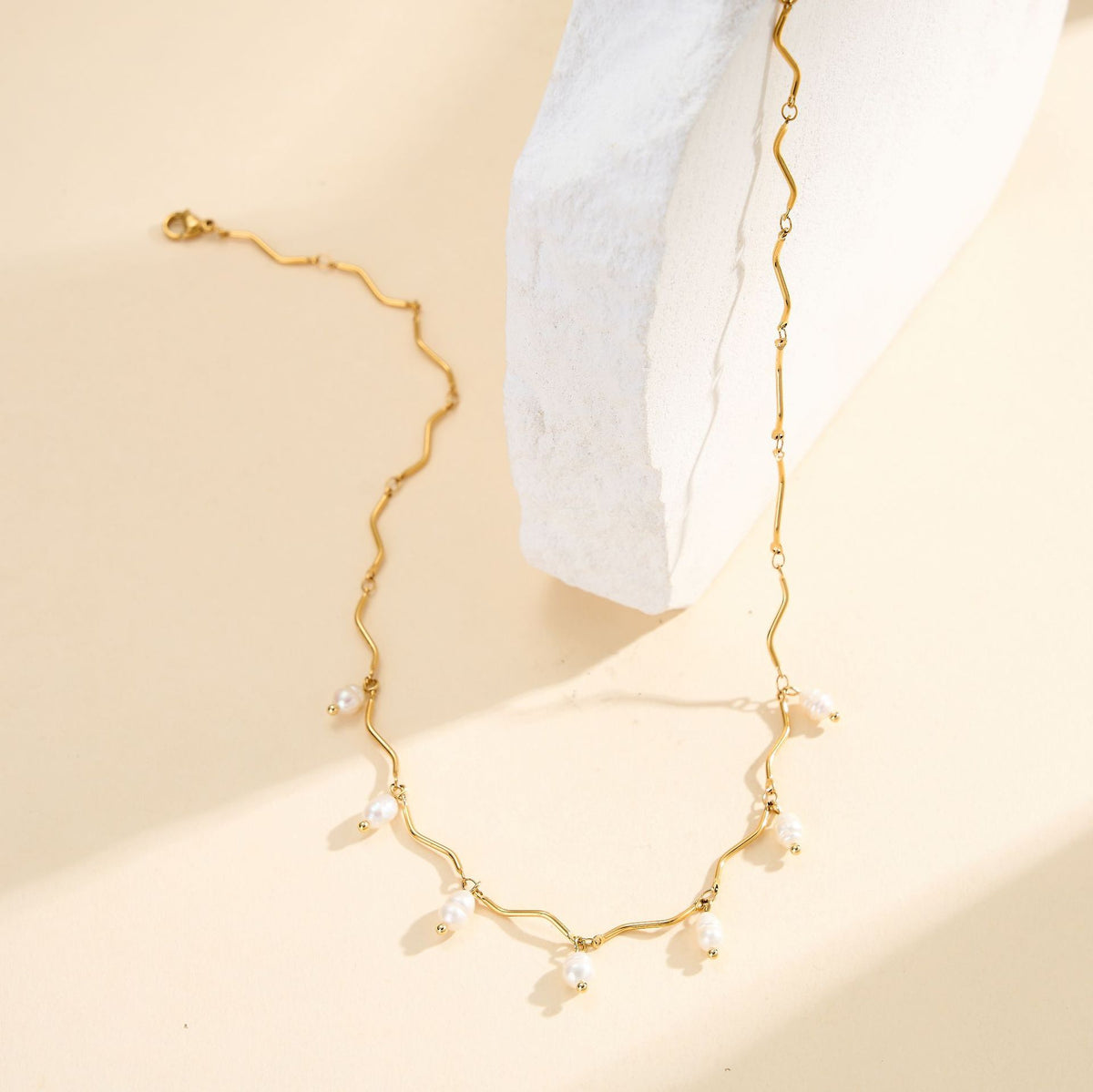 S925 Sterling Silver Wavy Chain Choker Necklace, Dainty Cascading Baroque Freshwater Pearl Drop Charms with Natural Iridescent Luster