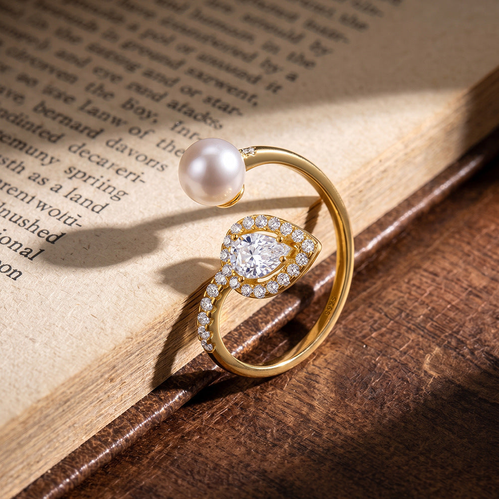 S925 Sterling Silver Open Cuff Ring, Large Glossy Round Pearl with Bright Iridescent Luster Matched with Teardrop Shaped Paved Zircon