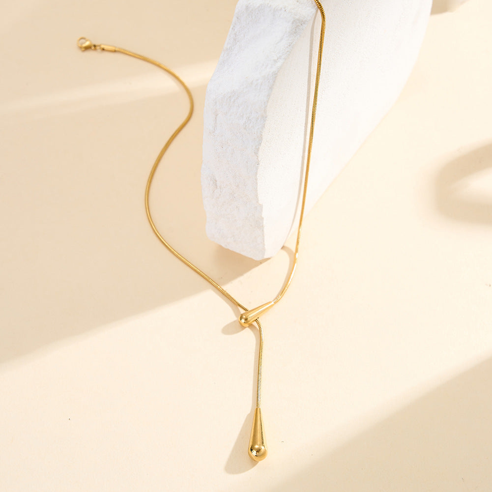 Stainless Steel Sliding Teardrop Lariat Necklace, Adjustable Y-Style Lariat with Two Glossy Teardrop Charms on Slim Snake Chain
