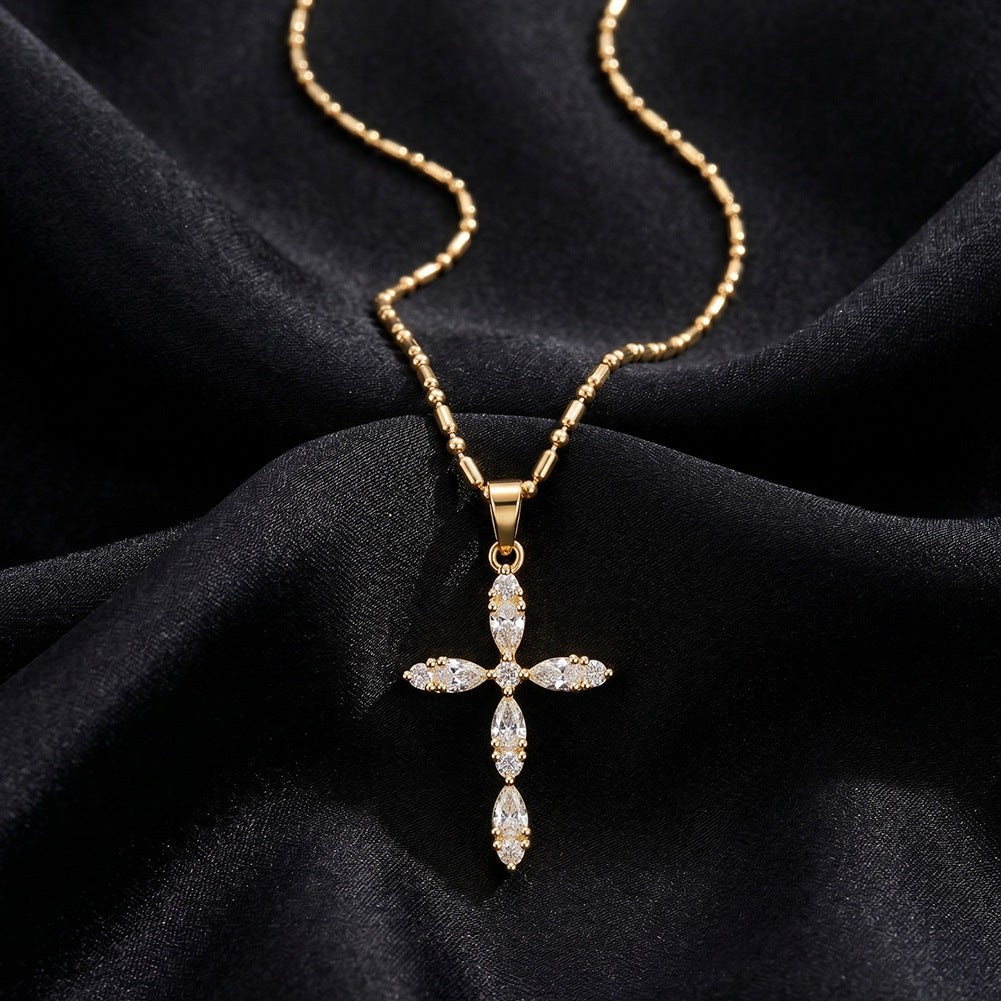 Stainless Steel Marquise CZ Cross Necklace, Marquise Cut CZ Stone Cross Pendant, Mixed Ball and Tube Beaded Station Chain