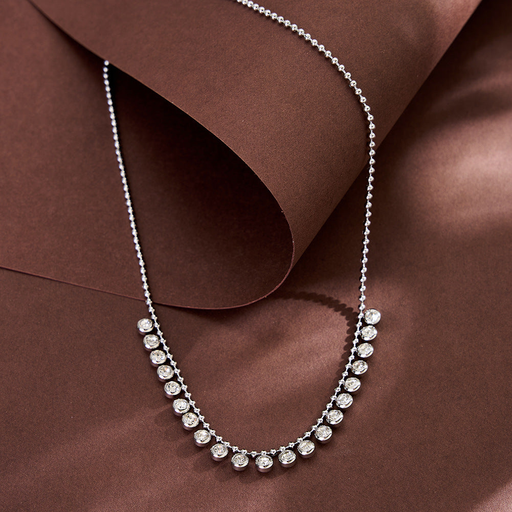 Stainless Steel Beaded CZ Station Necklace, Graduated Round Bezel Set Clear Cubic Zirconia on Fine Ball Chain, Sparkling Curved Choker