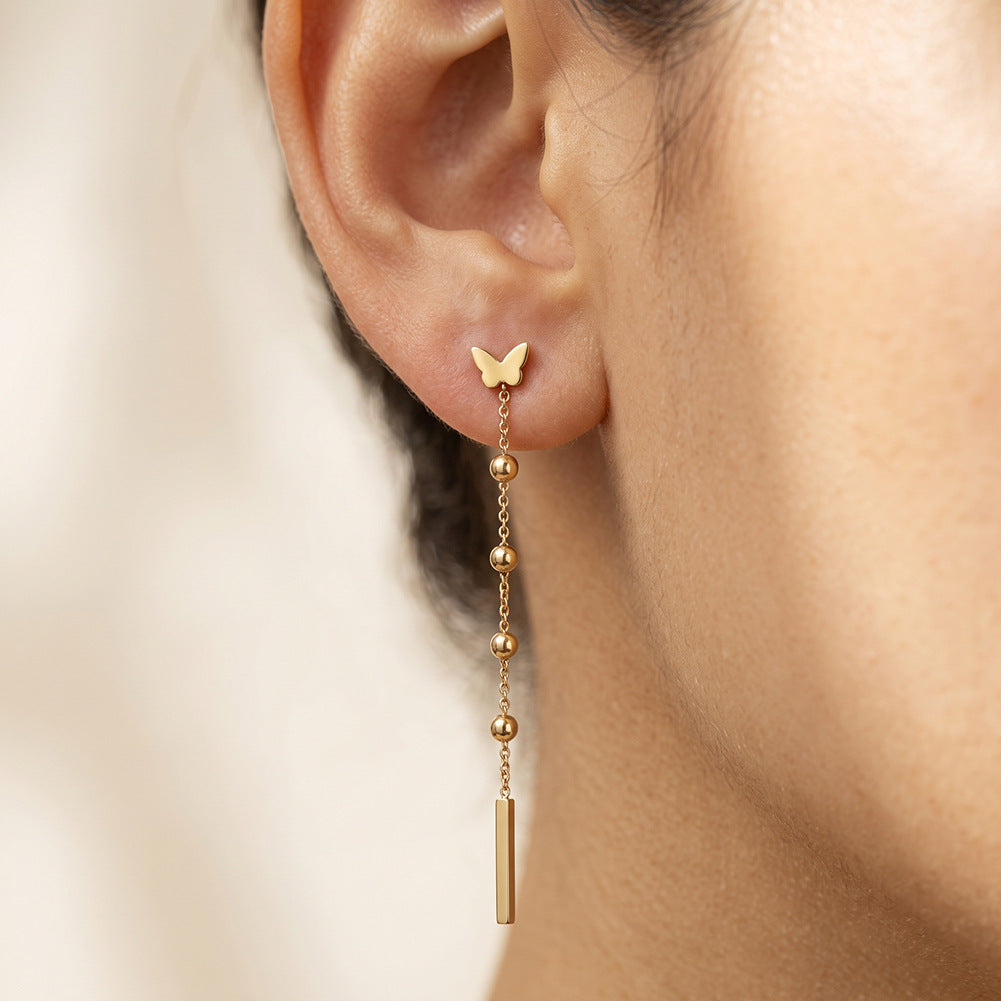 Stainless Steel Butterfly Long Drop Earrings with Beaded Chain and Vertical Bar Charm