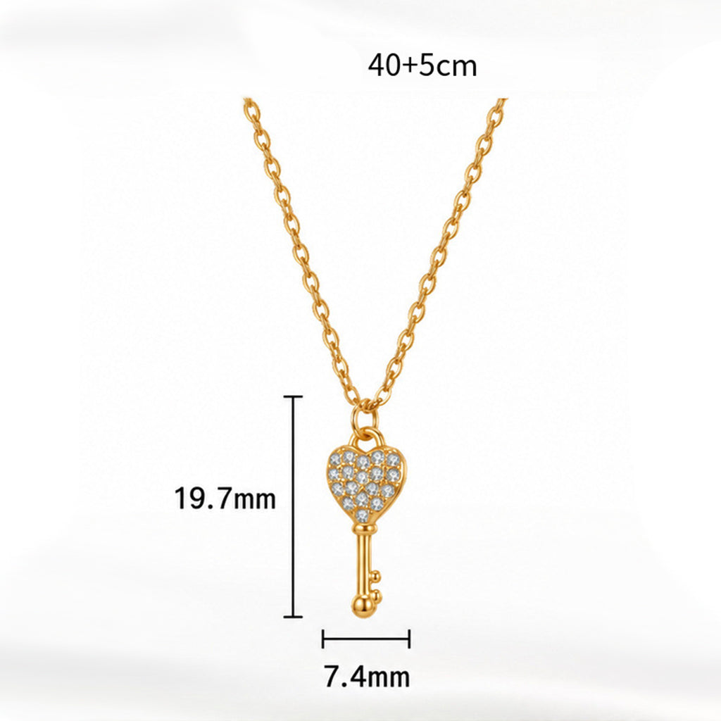 Stainless Steel Paved CZ Heart Key Necklace, Delicate Key Pendant Fully Paved with Tiny Sparkling Clear Cubic Zirconia