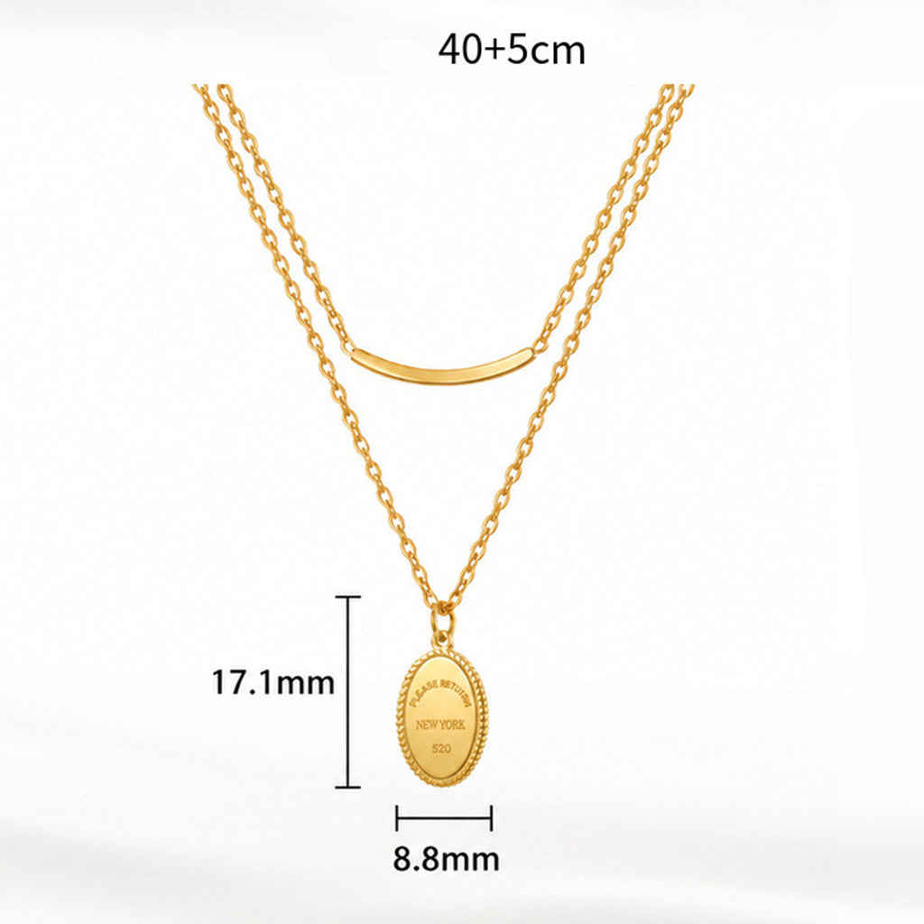 Stainless Steel Double Layer Curved Bar Oval Tag Necklace, Stackable Two-Row Chain with Smooth Curved Bar and Engraved Oval Rope Edge Pendant