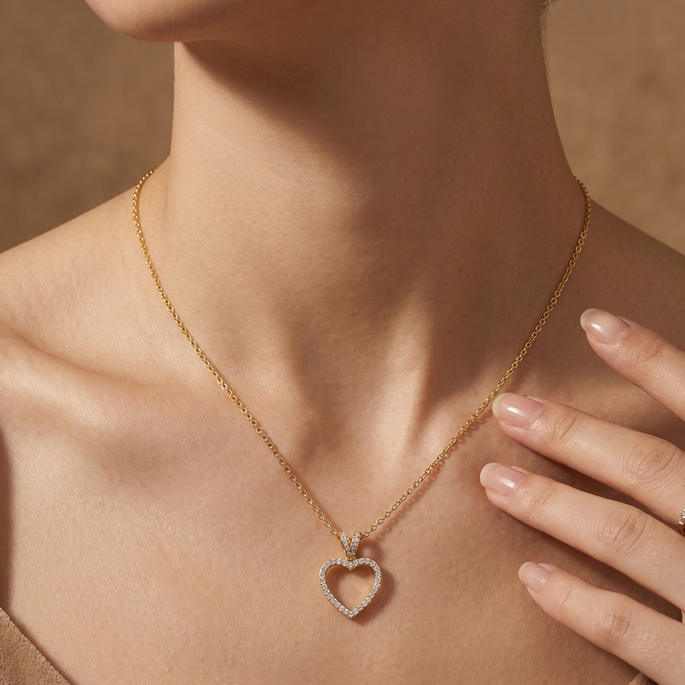 316 Stainless Steel Open Hollow Heart Necklace, Full Paved Sparkling Cubic Zirconia Outline, Dainty V-shaped CZ Paved Bail, Thin Cable Chain