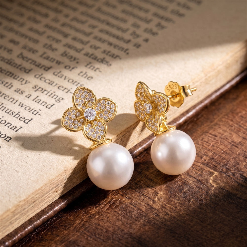 S925 Sterling Silver Flower Pearl Drop Earrings, Large Glossy Round Pearl with Rich Creamy Iridescent Luster Under Pave Zircon Four-Leaf Flower Top