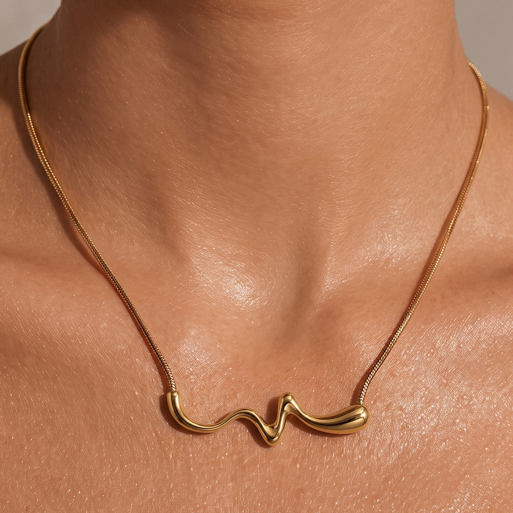 Stainless Steel Wavy Curve Pendant Necklace, Smooth Polished Abstract Wave Shape Bar, Sleek Thin Snake Chain Minimalist Necklace