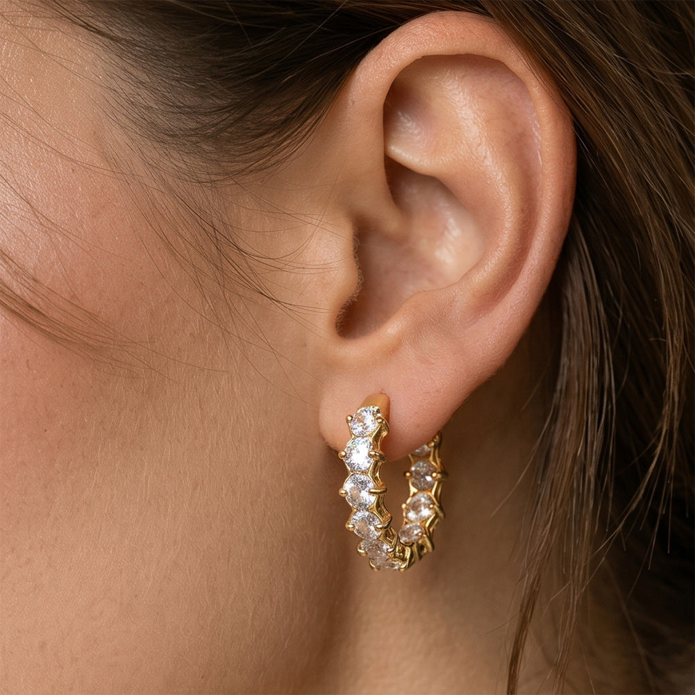 316 Stainless Steel Round Brilliant CZ Paved Huggie Hoop Earrings, Alternating Round Cubic Zirconia Prong Set, Hollow Open Frame Design, Hinged Snap Lock, Dainty Sparkling Inlaid Hoop Earrings