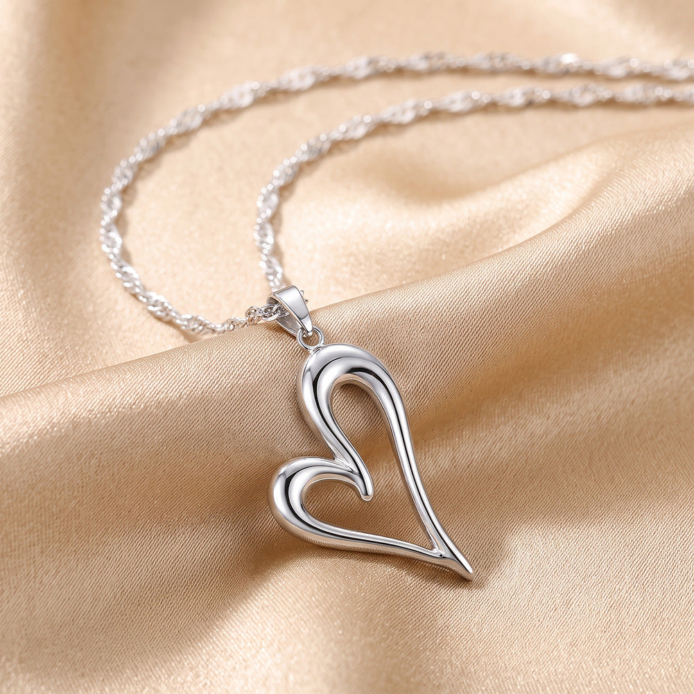 Stainless Steel Open Hollow Heart Pendant Necklace, Polished Abstract Hollow Heart Charm with Smooth Curved Lines, Thick Curb Chain