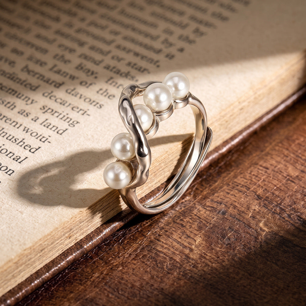 S925 Sterling Silver Intertwined Open Ring, Five Smooth Round Pearls with Rich Creamy Luster on Twisted Polished Silver Band