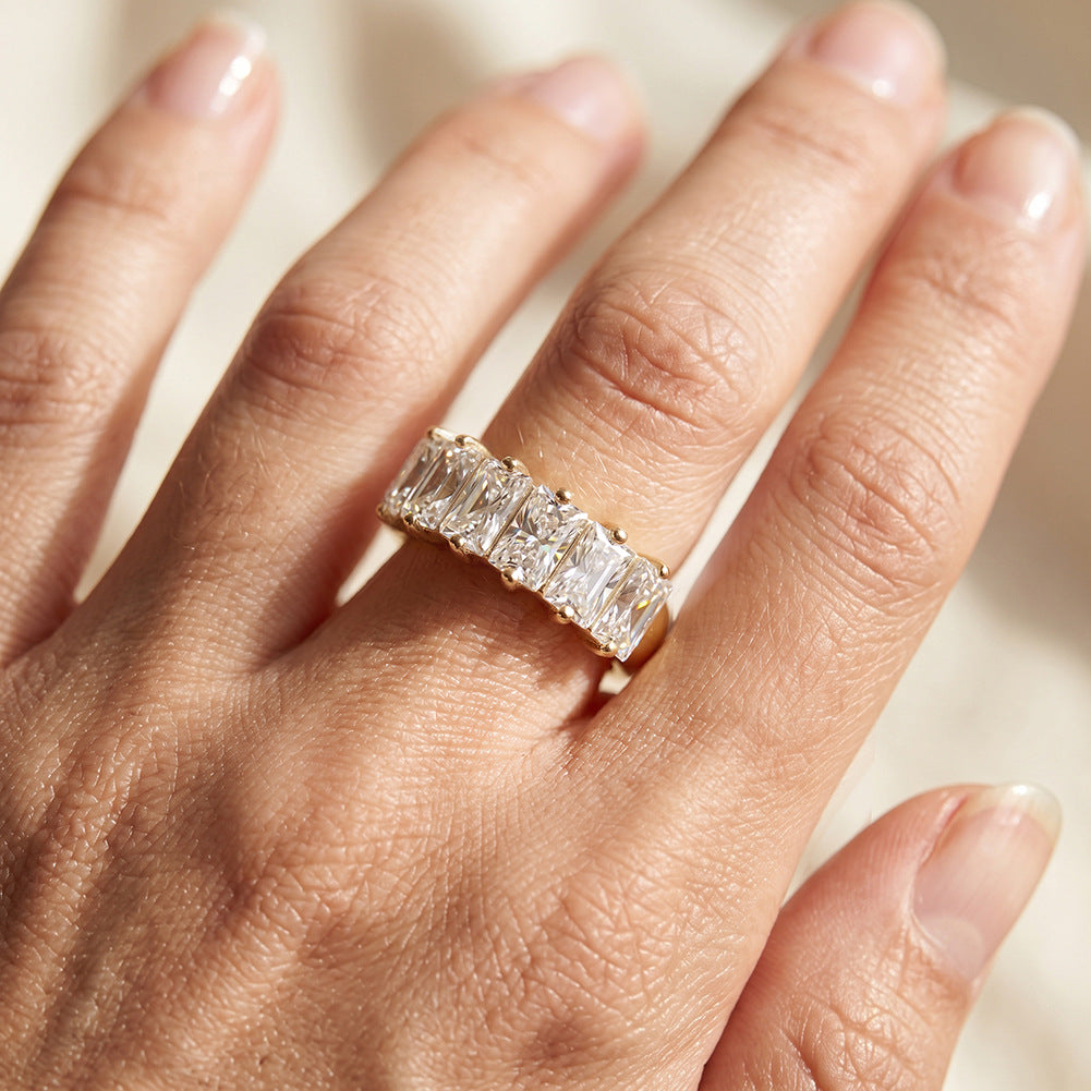 Stainless Steel Rectangle Emerald Cut CZ Five Stone Eternity Band Ring