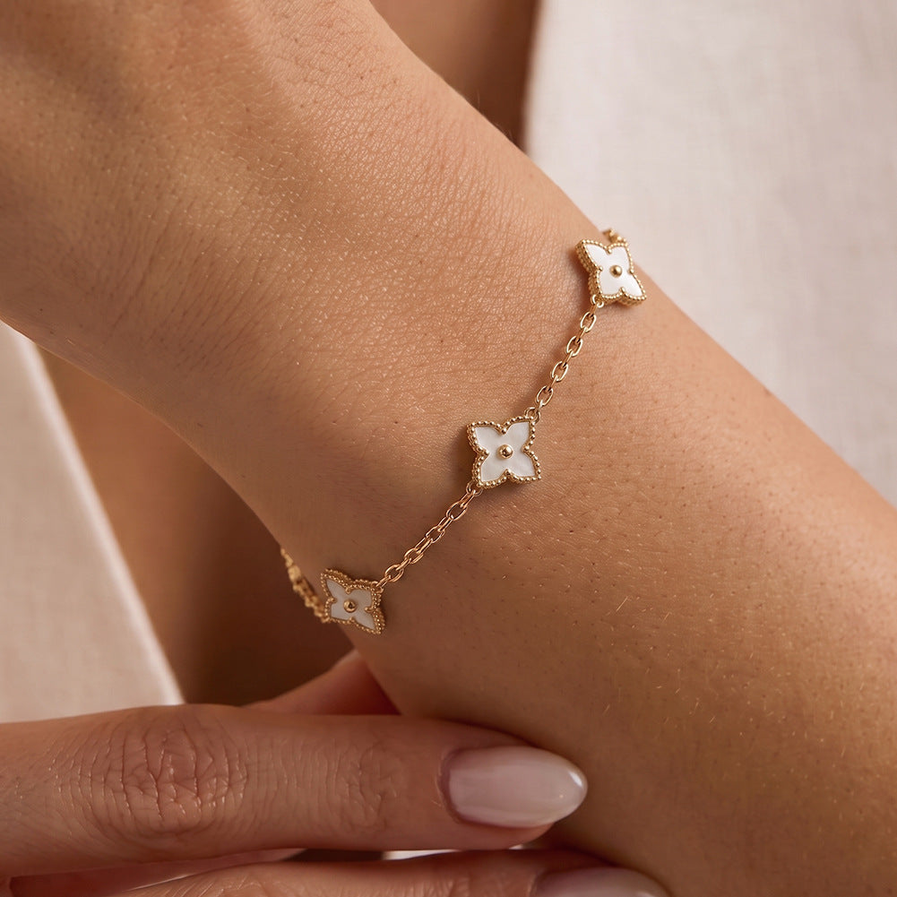 Stainless Steel Four Leaf Clover Bracelet, Iridescent Mother of Pearl Inlay Clover Station Dainty Chain Bracelet