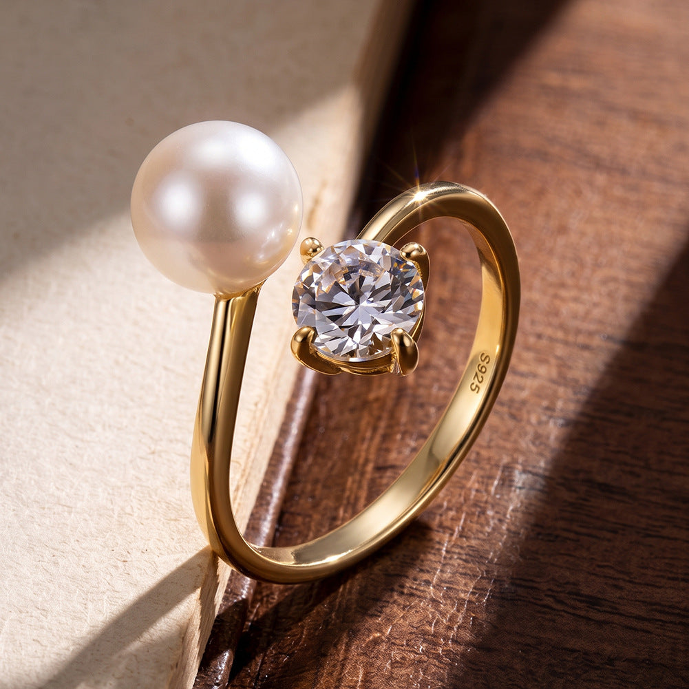 S925 Sterling Silver Open Cuff Ring, Big Smooth Round Pearl with Gentle Silky Luster and Single Brilliant Round Cut Zircon Accent