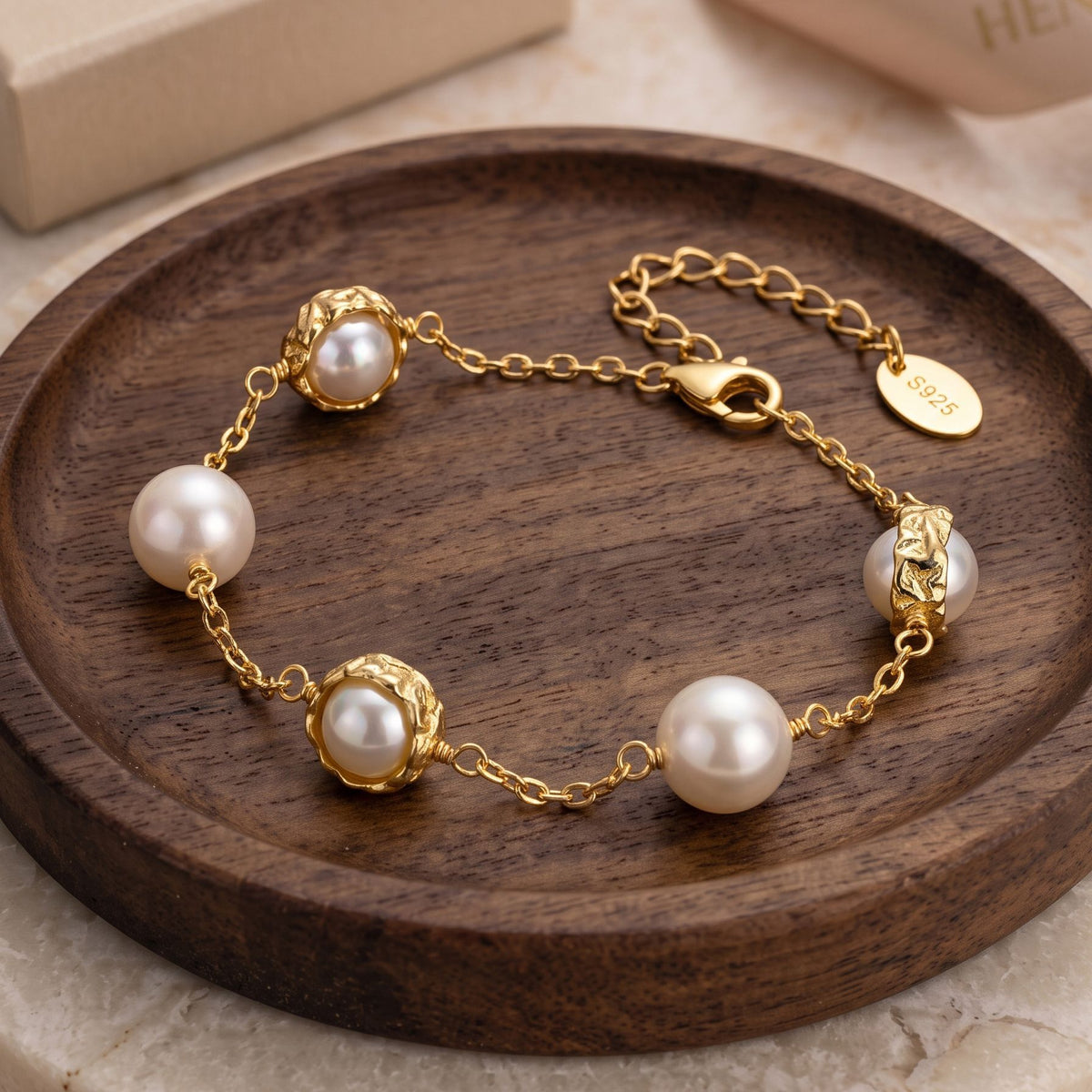 S925 Sterling Silver Station Pearl Bracelet, Large Glossy Round Pearls with Rich Luster Set in Textured Silver Bezel Frames